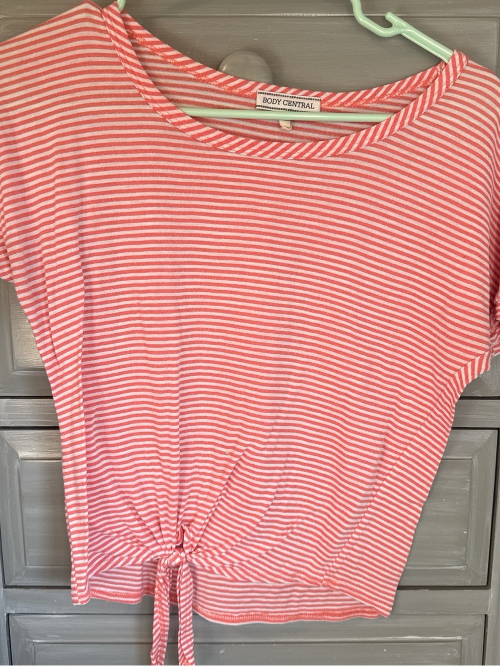 Body Central Orange & White Striped Tie-Front Short Sleeve Top